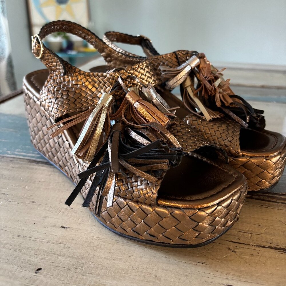 Pons Quintana Ankara Metallic Woven Wedge Sandals with Tassels New Size 9 (40)